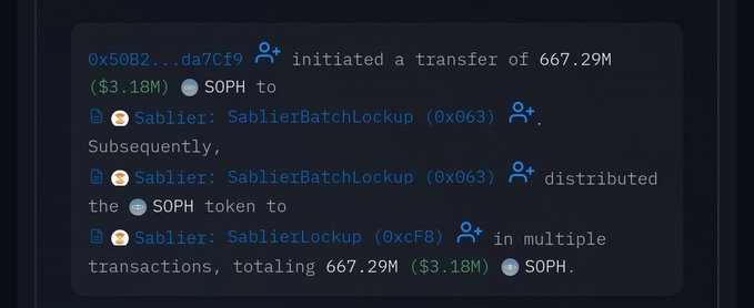 The image shows a blockchain transaction log detailing a 667.29M ($3.18M) transfer of SOPH tokens to a SablierBatchLockup contract, which were then distributed into multiple SablierLockup contracts for token locking. This visual confirms the claim in the post that 667M $SOPH tokens have been locked via Sablier, representing nearly 30% of the circulating supply being removed from the market.