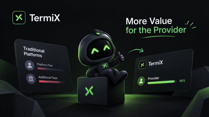 TermiX promotional graphic comparing Traditional Platforms vs TermiX, highlighting 'More Value for the Provider' at 95% with a cartoon mascot.