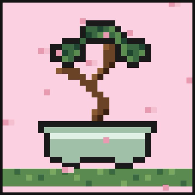 A pixel art illustration of a bonsai tree with green leaves in a light green pot, set against a pink background with falling pink petals and green grass at the base.