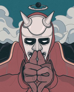 An illustration depicts a hooded figure with white horns, dark eyes, and hands clasped together, with a dark sphere floating above their head against a cloudy sky.