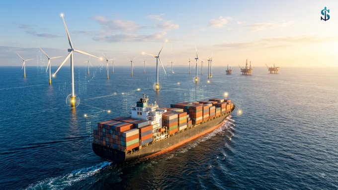 A large container ship navigates the open sea, leaving a wake as it passes a field of offshore wind turbines, with oil platforms visible on the horizon and a “S$” logo in the top‑right corner.