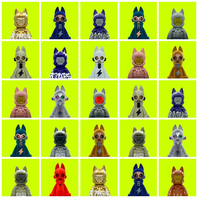 A grid of 25 colorful NFT-style character figurines with cat-like features and lightning bolt motifs displayed against bright neon green backgrounds.