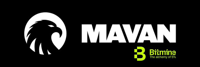 A logo featuring a white eagle head silhouette inside a circle alongside the text 'MAVAN' and '3 Bitmining - The alchemy of 5%' on a black background.