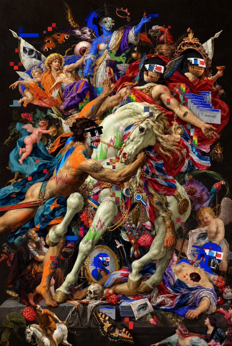 A chaotic, surreal digital artwork blending a classical painting of figures and a white horse with bright 3D glitch cubes, 3D glasses, and blue character figures.