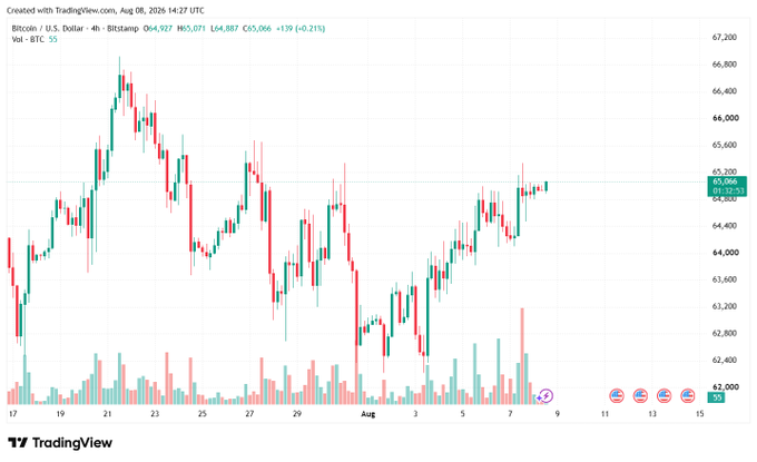 A TradingView 4-hour Bitcoin (BTC/USD) candlestick chart showing prices fluctuating between roughly $62,000 and $66,800 from mid-July to early August 2026.