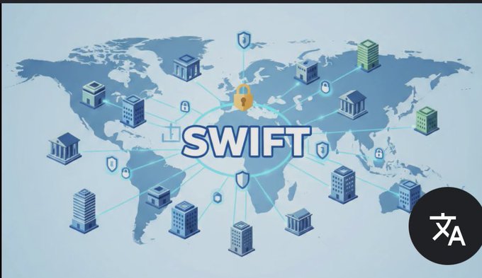 A world map showing the SWIFT global financial network with bank buildings, security shields, and lock icons connected across continents.