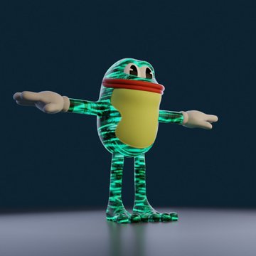 A 3D-rendered green frog-like character with a red mouth and striped limbs stands in a T-pose against a dark background.