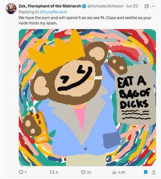 A Twitter post by "Zek, Hierophant of the Matriarch" (@itsmadeofcheese) featuring a cartoon monkey wearing a yellow crown in front of a colorful swirly background with the text "EAT A BAG OF DICKS." The crude image and defiant tone mirror the post's confrontational messaging aimed at Bitcoin Core critics.
