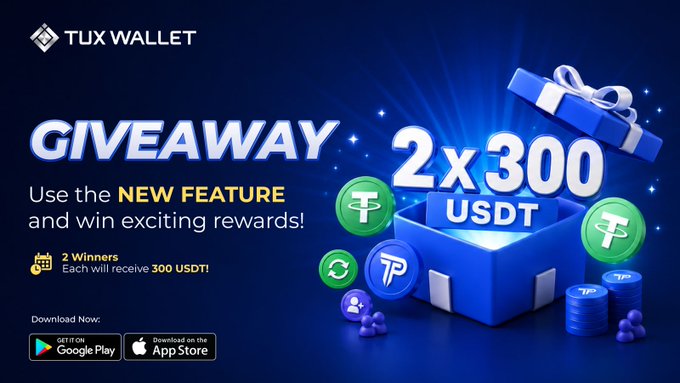 A promotional graphic for the TUX Wallet $600 USDT giveaway, featuring a blue gift box spilling 2x $300 USDT coins alongside the text "GIVEAWAY - Use the NEW FEATURE and win exciting rewards!" with Google Play and App Store download buttons. The visual reinforces the announcement's call to download the app and try new features like TUX Points Rewards, Optimized Swap, and the Referral Program for a chance to win.