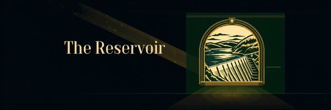 A dark banner with gold text reading 'The Reservoir' next to a framed illustration of a dam in a landscape.
