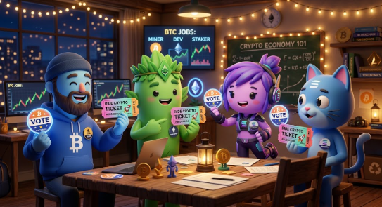 A cartoon-style illustration showing crypto-themed characters including a miner, a green leaf-headed figure, and a blue cat gathered around a table with "BTC JOBS" and "CRYPTO ECONOMY 101" written on a chalkboard.