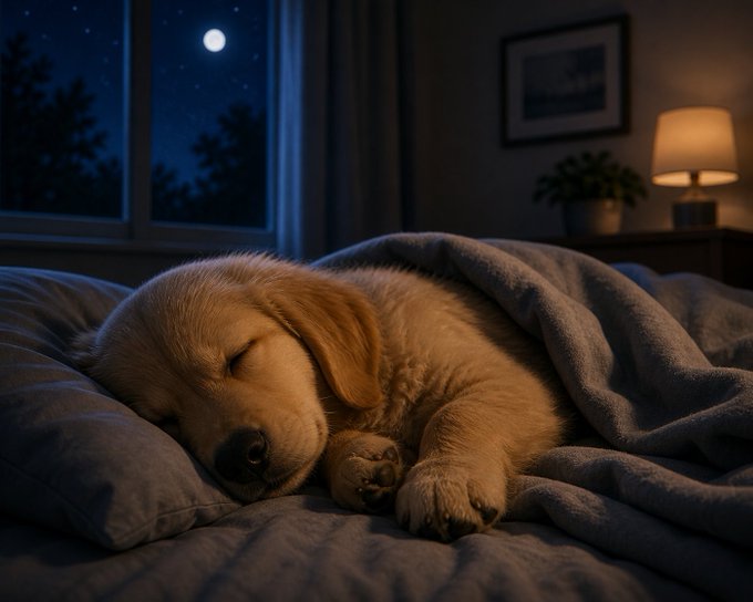 The image features a small, adorable golden retriever puppy sleeping peacefully on a bed with a gray blanket. The puppy's position and the cozy setting create a sense of warmth and comfort. The background includes a window that allows natural light into the room, as well as a lamp providing additional lighting. The scene is set against a dark night sky, which adds to the overall peaceful atmosphere.