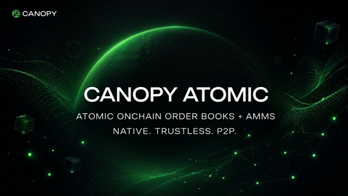A promotional graphic for 'CANOPY ATOMIC' advertising 'ATOMIC ONCHAIN ORDER BOOKS + AMMS - NATIVE. TRUSTLESS. P2P.' against a green digital planet background.