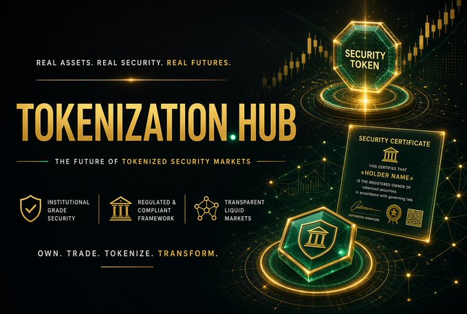 A promotional graphic for 'TOKENIZATION HUB' with the tagline 'REAL ASSETS. REAL SECURITY. REAL FUTURES.' and 'THE FUTURE OF TOKENIZED SECURITY MARKETS', featuring security tokens and a security certificate.