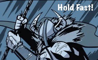 A black and white comic-style illustration of a Viking warrior holding a weapon, with the text 'Hold Fast!' in the upper right.