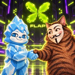 A digital artwork features a blue crystalline character shaking hands with a cat wearing a Guy Fawkes mask and a furry orange suit, with the word 'FLAP' displayed in a neon butterfly logo.