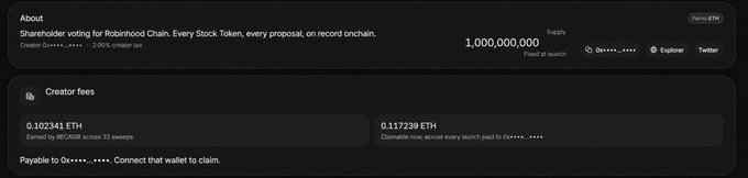 A dark-themed screenshot of a cryptocurrency token creation page showing a supply of 1,000,000,000 tokens, with creator fees totaling 0.124973 ETH (0.102341 ETH earned by the deployer and 0.117239 ETH claimable now).