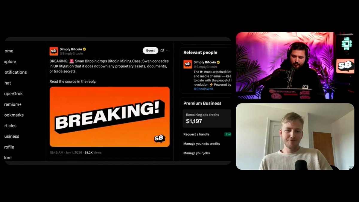 The image shows a screenshot from an online discussion or meeting with multiple people involved. At the center, two individuals are having a conversation about a court case, as indicated by the words "BREAKING" written across the screen. One person appears to be talking while another person is listening attentively using headphones. There's also a third individual in the background who seems to be looking at something on their phone. The overall discussion revolves around the details of the court documents, specifically Swan Bitcoin and Tether, which led to the current situation.