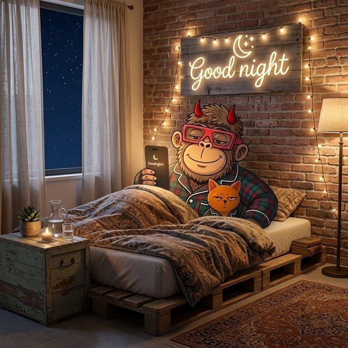 A cozy bedroom scene featuring a cartoon devil character in plaid pajamas and a sleep mask, holding a phone with a Goodnight message, alongside an orange cat, under a neon 'Good night' sign.