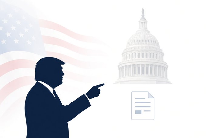 A graphic featuring the U.S. Capitol building and American flag, with a silhouetted man in a suit pointing at a document.