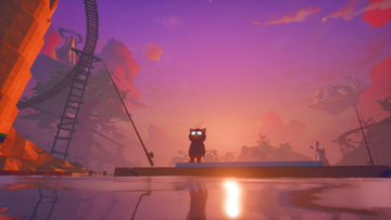 A scenic video game screenshot showing a small character standing on a dock at sunset, with purple and pink skies, a roller coaster silhouette in the distance, and reflections on water.