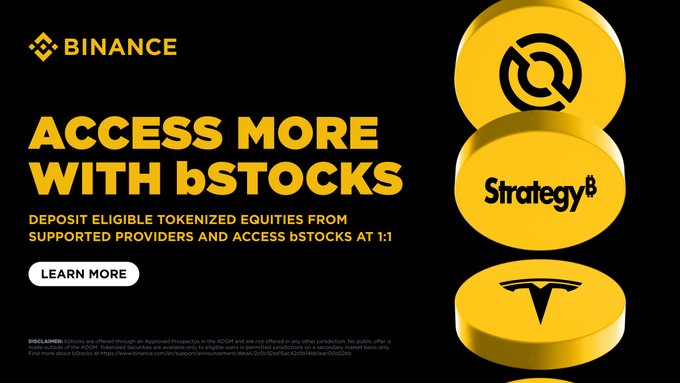 A Binance promotional banner with a black and yellow color scheme displays the headline "ACCESS MORE WITH bSTOCKS" alongside the Binance logo. The ad features three yellow tokens representing tokenized equities—including Strategyᵇ and Tesla (T)—and invites users to "DEPOSIT ELIGIBLE TOKENIZED EQUITIES FROM SUPPORTED PROVIDERS AND ACCESS bSTOCKS AT 1:1," directly mirroring the post's offer to convert tokenized securities into bStocks on a 1:1 basis.