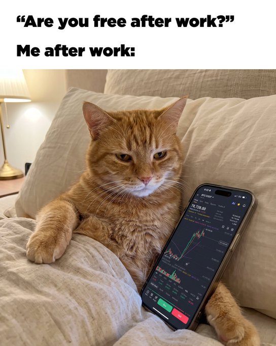 A tired-looking orange tabby cat lounges in bed with a phone displaying Bitcoin's price at 75,728.00, captioned "Are you free after work? / Me after work:" — humorously illustrating that once home, attention shifts entirely to watching crypto charts instead of social plans.