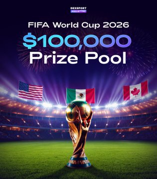 The image features a large soccer trophy at the center, surrounded by various flags from different countries. The background includes a stadium with people sitting around. In addition to this scene, there's text displayed that says "the World Cup is always more fun when you have some skin in the game @Dexsport just dropped a $110k World Cup promo $100k leaderboard for bettors and a free $10k Pick'em for casual fans see you in the Pick'em". This suggests that there's an ongoing online event promoting the World Cup, possibly with prizes or leaderboards related to the trophy.