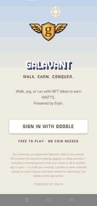 A mobile app login screen for 'GALAVANT' featuring a winged 'g' logo, the tagline 'WALK. EARN. CONQUER.', and a 'SIGN IN WITH GOOGLE' button.