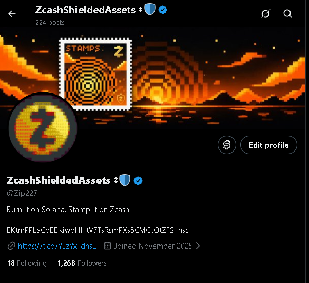 A screenshot of the ZcashShieldedAssets Twitter/X profile (@Zip227) showing 224 posts, 18 following, and 1,268 followers, with the bio "Burn it on Solana. Stamp it on Zcash." and a Solana contract address. The profile appears to be a new account (joined November 2025) currently being set up, consistent with the post noting that the bio is still under review.