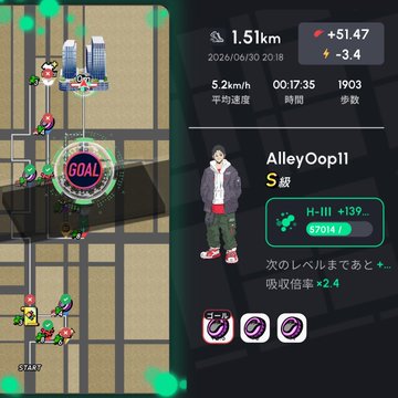 A mobile fitness app screenshot showing a map workout with a 'GOAL' marker, displaying 1.51km, +S1.47, dated 2026/06/30, with user 'AlleyOop11' ranked S level with H-III +139 and absorption rate +2.4.