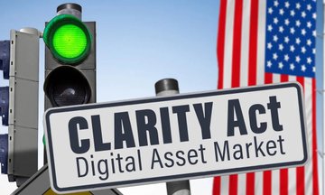 A graphic showing a green traffic light next to an American flag and a street sign reading 'CLARITY Act Digital Asset Market'.