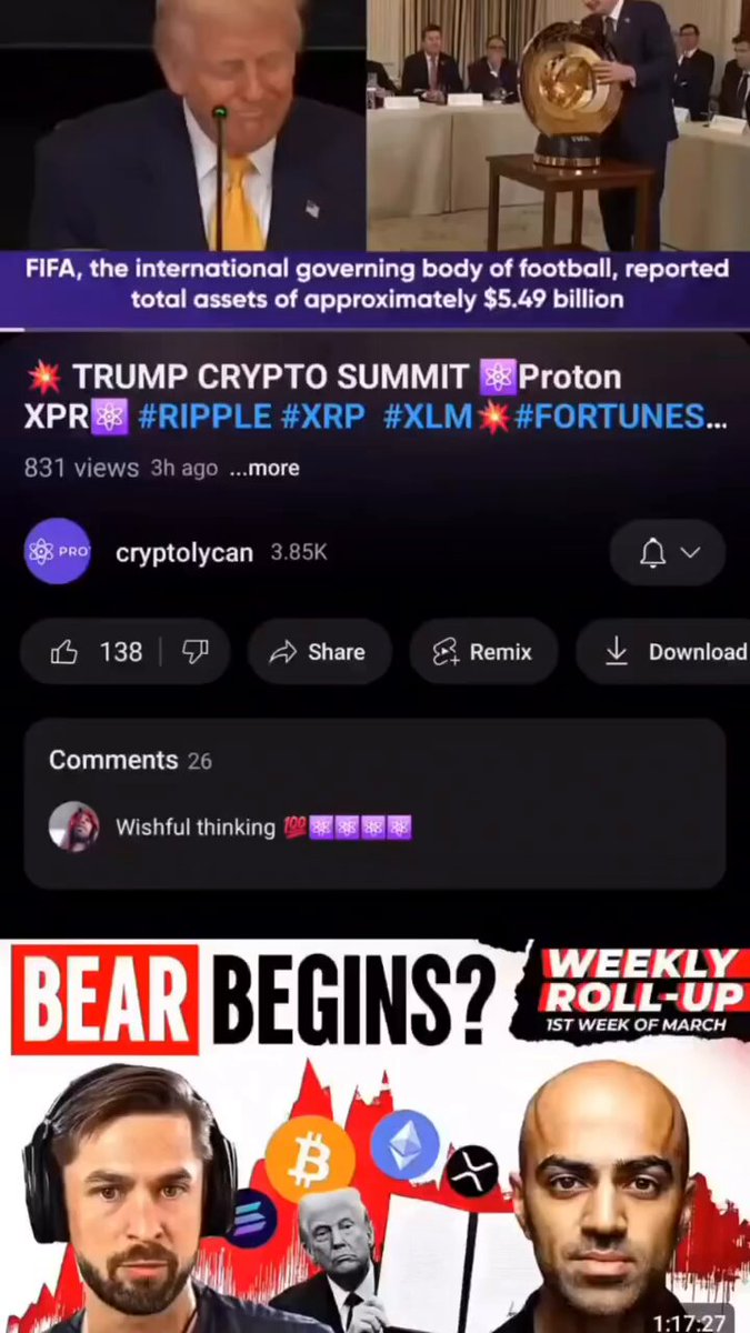 The main focus of this image is a news clip or video related to Trump and cryptocurrency, as indicated by the text "bear begins?" along with an image featuring three men including one wearing headphones. The caption seems to be discussing the potential value of Bitcoin in relation to FIFA.