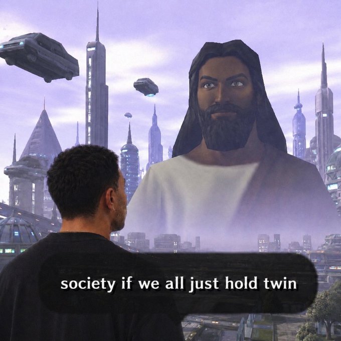 A scene depicting a man with a beard and white robes, resembling a religious figure, appearing as a giant apparition over a futuristic city skyline with flying vehicles. The subtitle reads 'society if we all just hold twin'.