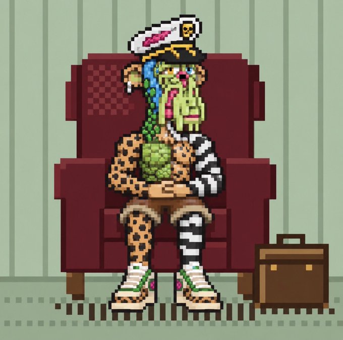 A pixel art illustration of a green-skinned pirate-like character with a skull hat, mismatched leopard/striped clothing, and green sneakers, next to a treasure chest.