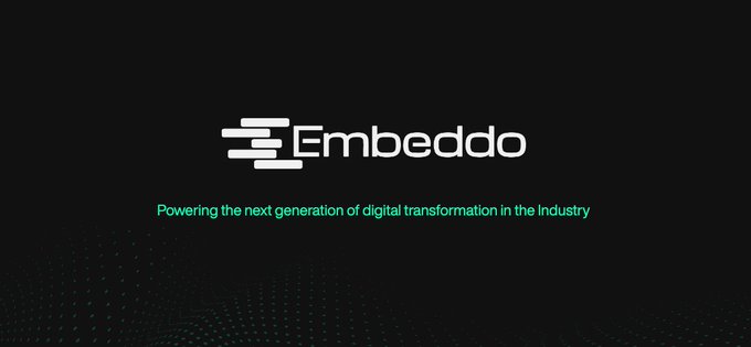 Logo screen for 'Embeddo' with the tagline 'Powering the next generation of digital transformation in the industry' on a dark background.