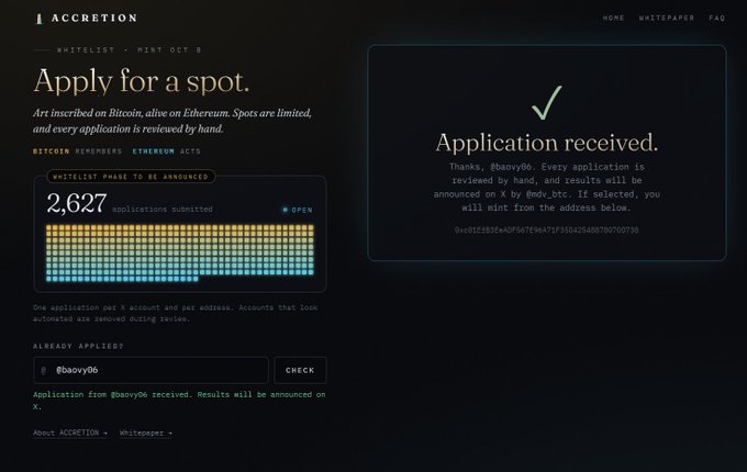 A website for ACCRETION showing an 'Apply for a spot' page where 2,627 applications have been submitted, and a confirmation panel showing 'Application received' for user @baovy06.