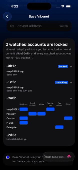 A mobile app screenshot titled 'Base Vibenet' displays a dark-themed interface showing locked and unlocking accounts, with commit hash 'a9ae95e1b' and various cryptographic actions.