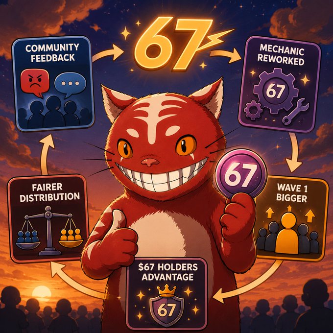A digital illustration features a red smiling cat character at the center, surrounded by a circular flow diagram with text including '67', 'COMMUNITY FEEDBACK', 'MECHANIC REWORKED', 'WAVE 1 BIGGER', '$67 HOLDERS ADVANTAGE', and 'FAIRER DISTRIBUTION'.