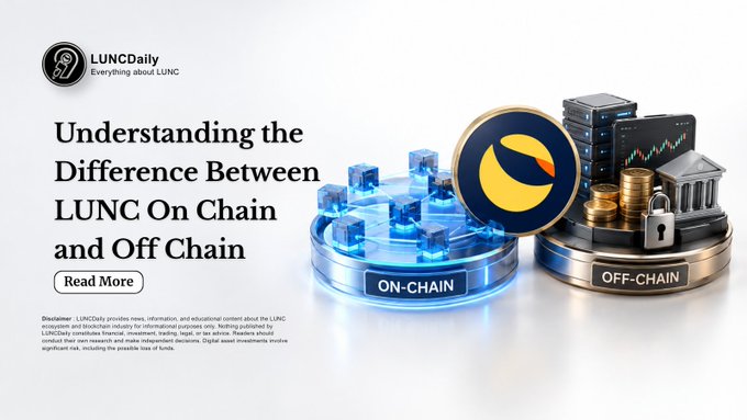 A LUNCDaily article header titled 'Understanding the Difference Between LUNC On Chain and Off Chain' featuring 3D graphics contrasting on-chain blockchain elements with off-chain servers and bank imagery.