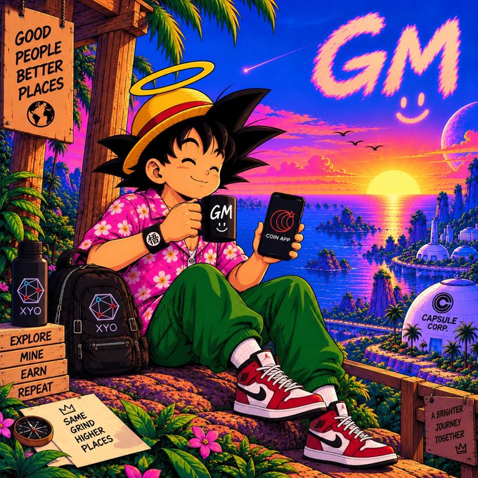 A vibrant anime-style illustration shows a boy in a pink Hawaiian shirt and straw hat holding two phones (one with a 'GM' smiley face mug and another labeled 'COIN APP'), with 'GM' written in the sunset sky and signs reading 'GOOD PEOPLE BETTER PLACES' and 'EXPLORE MINE EARN REPEAT.'