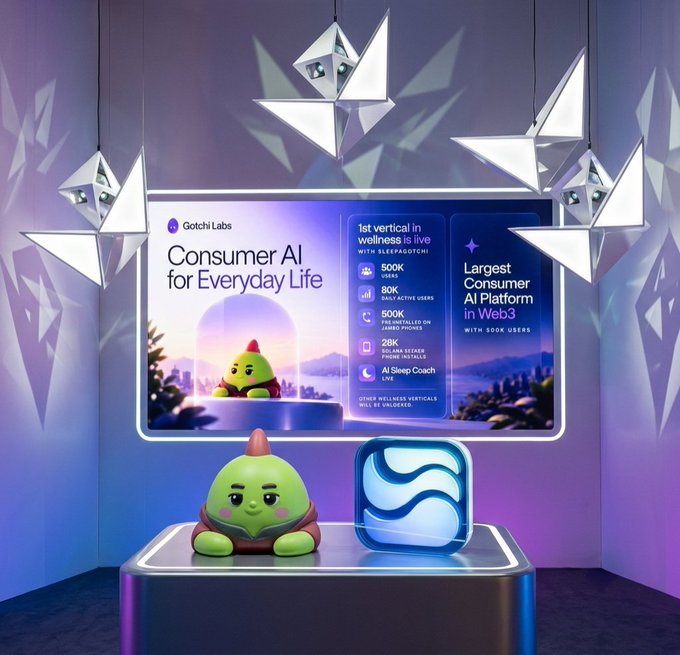 A glowing blue display showcases the "Gotchi Labs Consumer AI for Everyday Life" platform, featuring a green cactus-like character with a pink spike beside a holographic symbol under geometric hanging lights.
