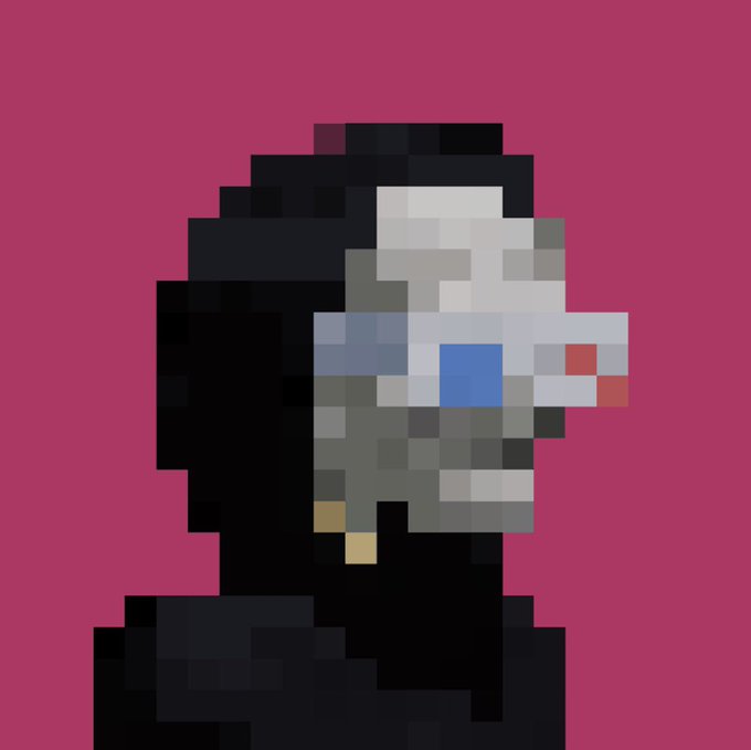 A pixel art portrait of a person with white hair, a red nose, and blue eye makeup against a magenta background.
