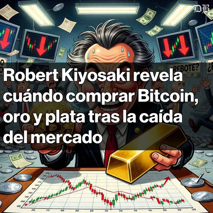 The image features a cartoon man holding a gold bar, which appears to be the main focus of the image. However, there are multiple texts surrounding this central figure that appear unrelated or secondary to the main character's action. These texts include descriptions like "Robert Kiyosaki reveala cuando se revolecía Bitcoin", as well as phrases such as "El inversionista Robert Kiyosaki alerta sobre la compra de Bitcoin, oro y plata tras caídas en el mercado, Kiyosaki sugiere observar el contexto económico y político antes de invertir Critica la actuación de los líderes globales", which seem to be unrelated or unrelated to the main character's action.