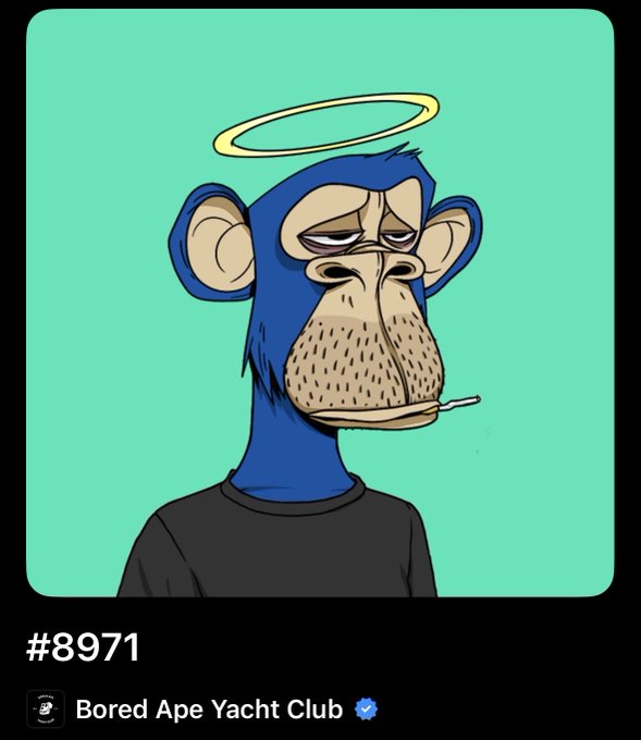 Bored Ape Yacht Club NFT #8971 featuring a blue ape with a halo, droopy eyes, stubble, and a cigarette in its mouth.