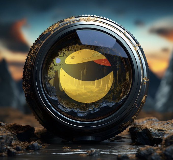 Stylized 3D illustration of a camera lens reflecting a yellow crescent moon shape against a dark, moody background with debris.