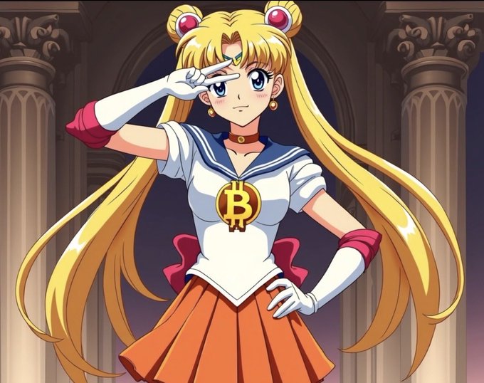 An anime-style illustration of a blonde-haired character resembling Sailor Moon wearing a sailor uniform with a Bitcoin (₿) emblem instead of the traditional moon symbol, posing in front of ornate columns.