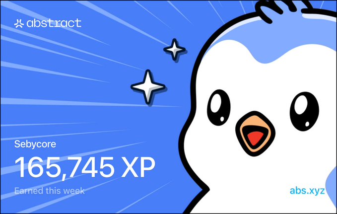 A digital achievement graphic on a blue background features a cartoon bird mascot and displays the text 'Sebycore', '165,745 XP', and 'Earned this week', alongside 'abstract' and 'abs.xyz' logos.