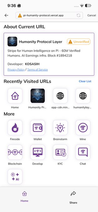 A mobile browser screenshot displaying information about 'Humanity Protocol Layer' on pi-humanity-protocol.vercel.app, showing an unverified status with developer KOSASIH and recently visited URLs including 'Humanity Pr...' and 'humanitylay...'.