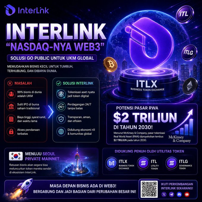 The image features a poster for an event called "ITL" that takes place at Interlink, Nasdaq-nya Web3 Saatnya UKM. The poster includes various logos and icons related to the event, such as a rocket ship logo, a Bitcoin symbol, and a dollar sign. The text on the poster provides information about the event, including details like the date, time, location, and cost of entry. Additionally, there is a post-it note with a QR code that can be used for registration or to share information about the event.